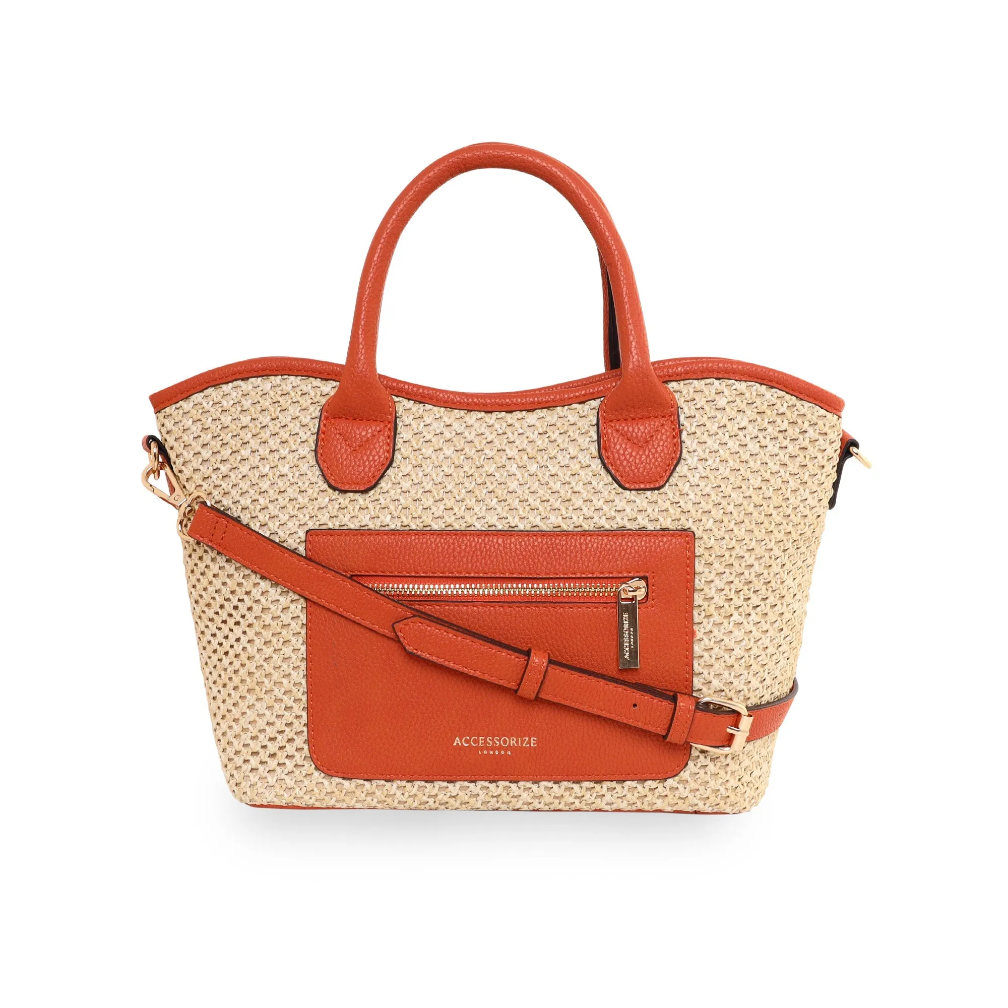 Accessorize London Women's Faux Leather Orange Rosie raffia handheld tote bag