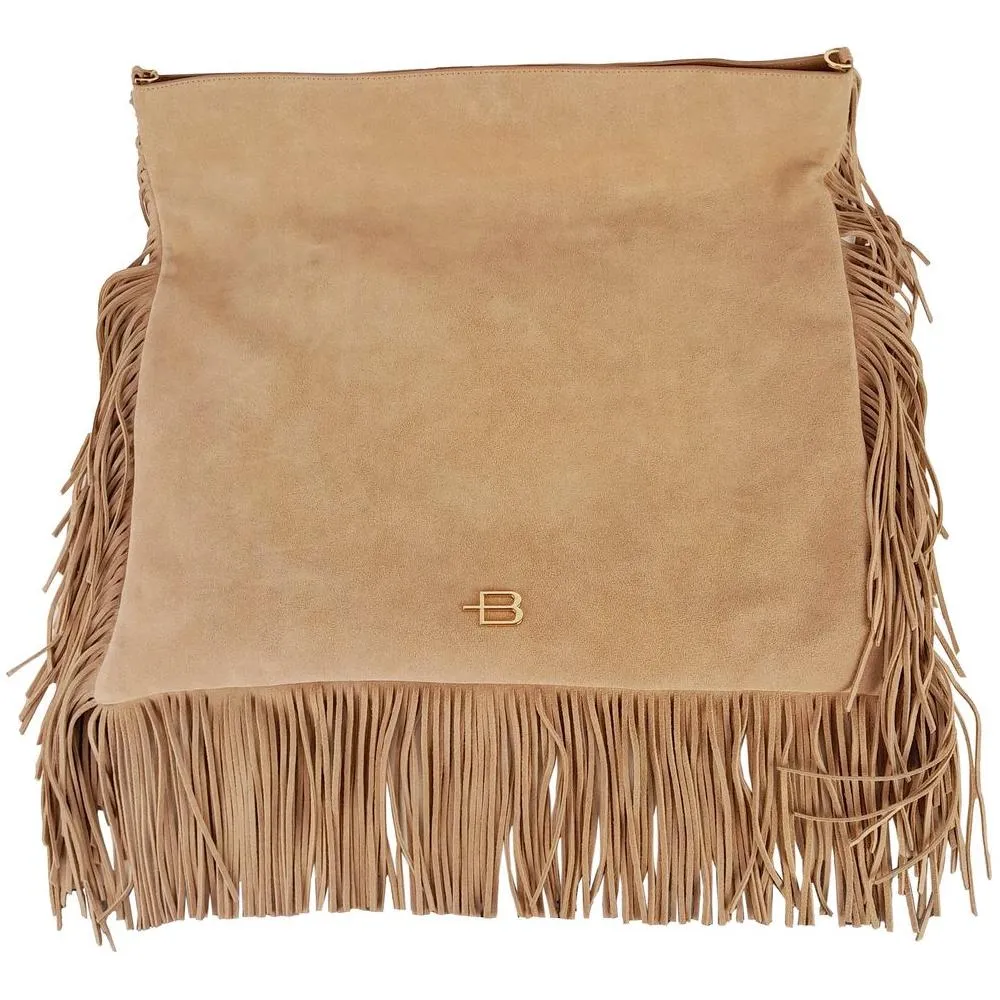 Baldinini Trend Chic Beige Suede Fringe Shoulder Bag