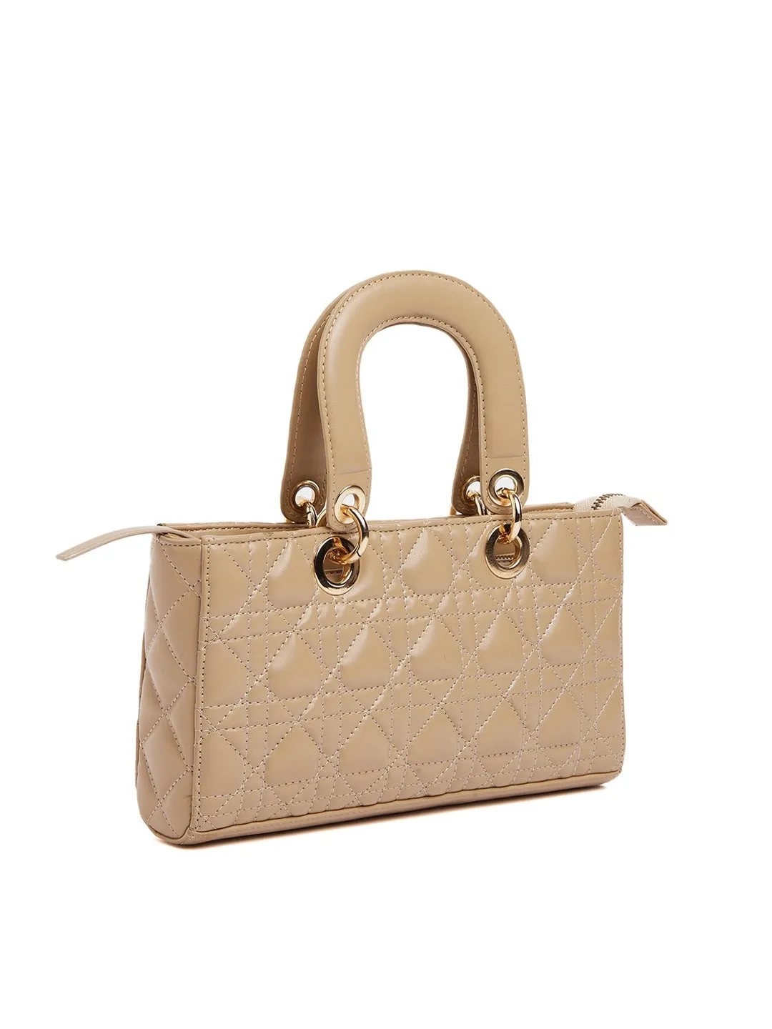 Berrylush Women Beige Texture & Quilt Structured Handheld Bag