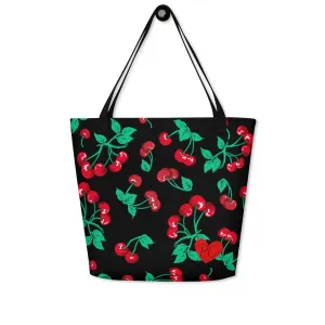 Bethany Cherry Girl Black Oversized Tote Bag | Pinup Couture Relaxed