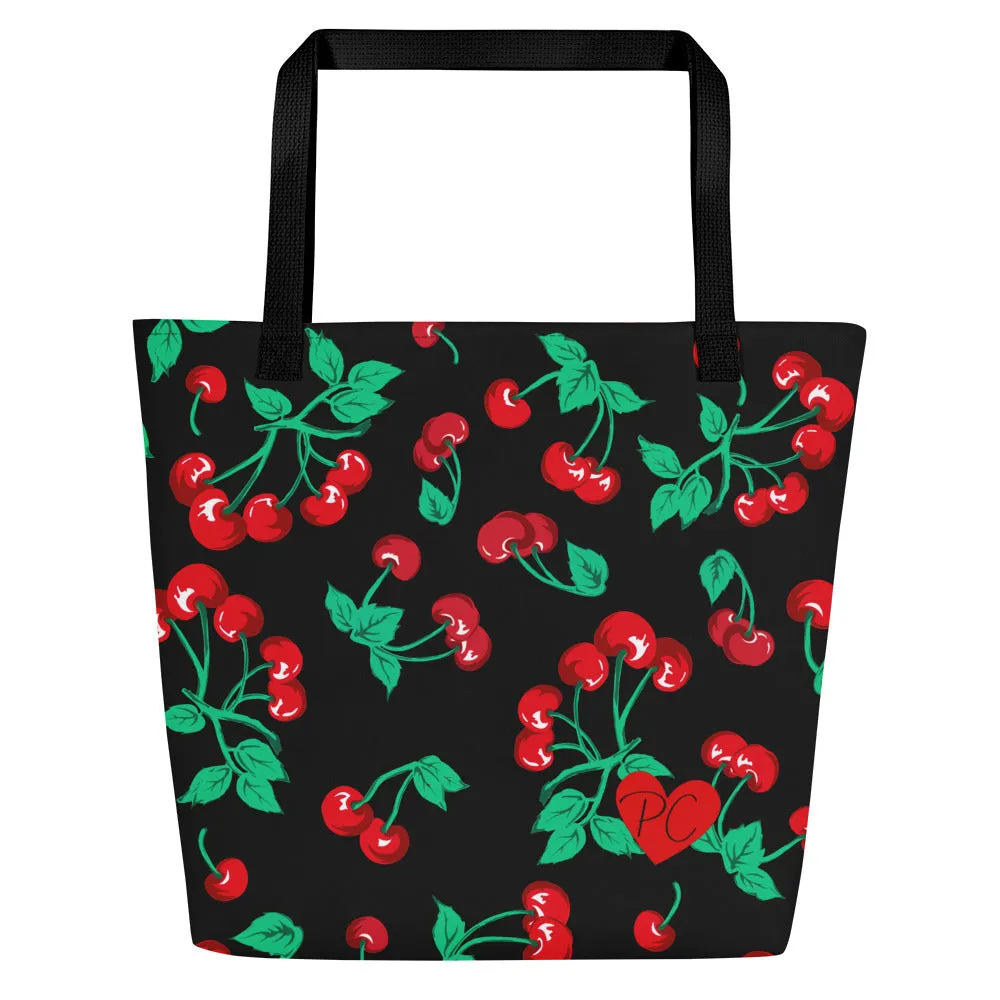 Bethany Cherry Girl Black Oversized Tote Bag | Pinup Couture Relaxed