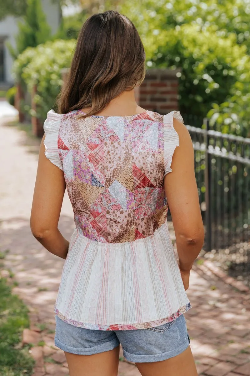 Blush Print Flutter Sleeve Peplum Top - FINAL SALE