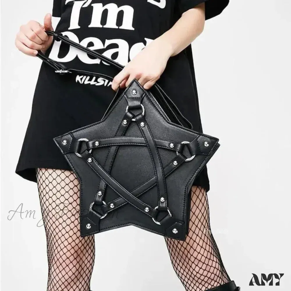 Casual Designer Bag Unisex Punk Retro Pentagram Leather Fashion Gothic Black