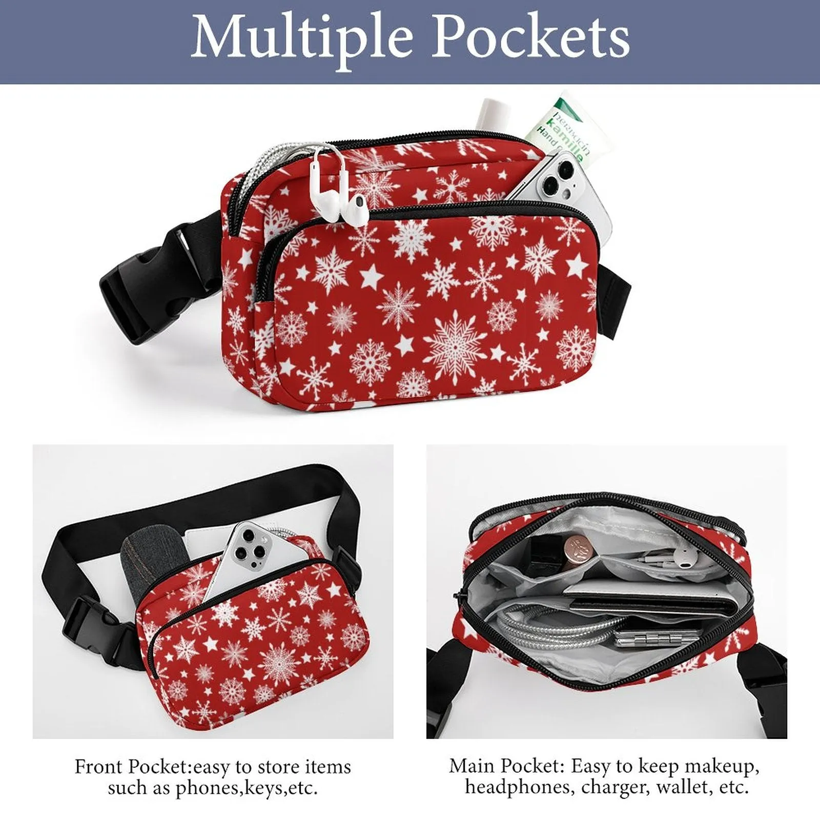 Christmas Bum Bag (All-Over Printing), Snowflakes Design, Perfect Holiday Hands Free Bag Gift