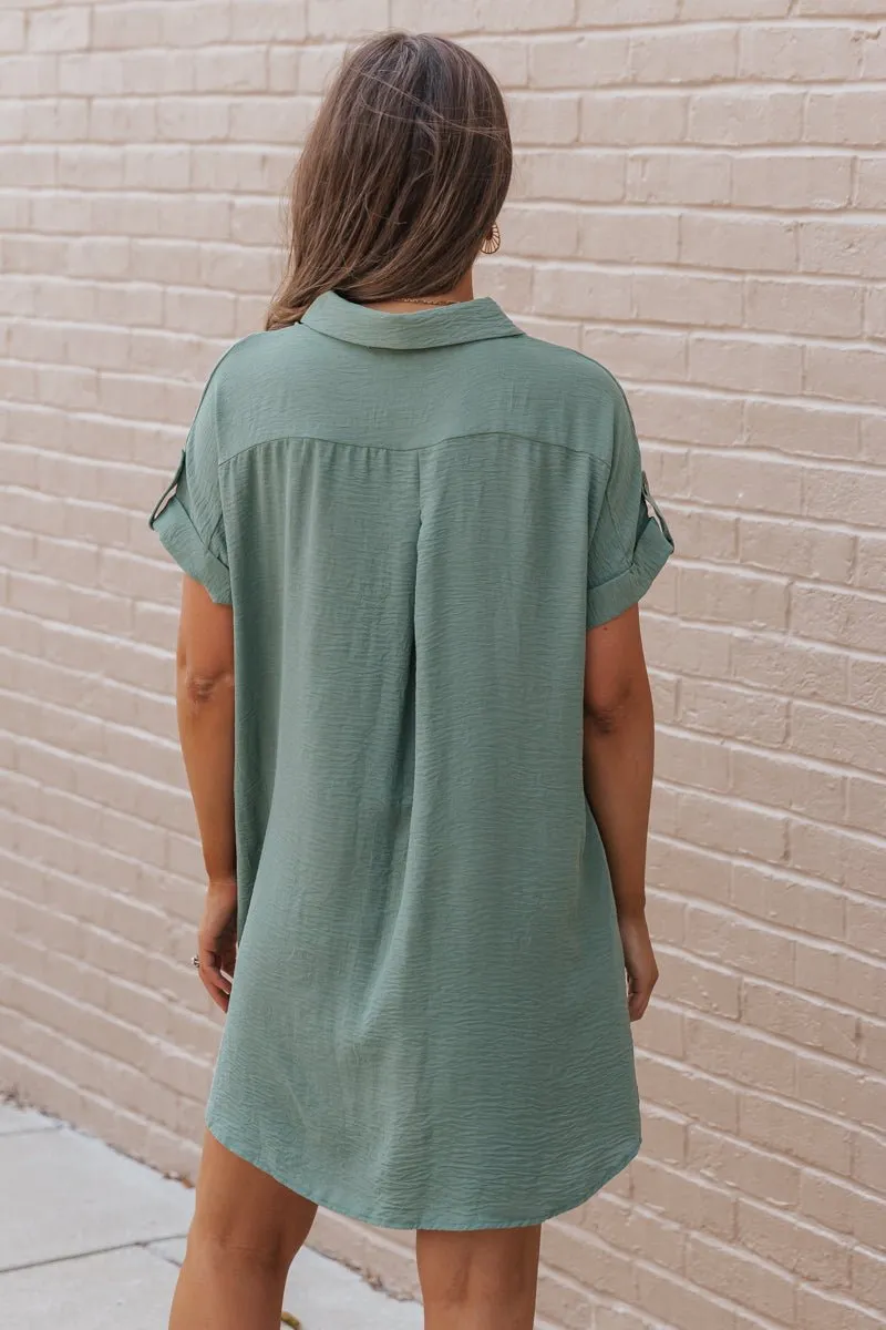 Green Button Up Shirt Dress - DOORBUSTER