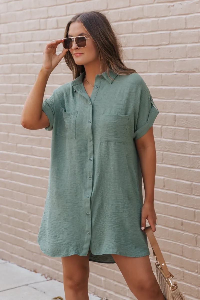 Green Button Up Shirt Dress - DOORBUSTER