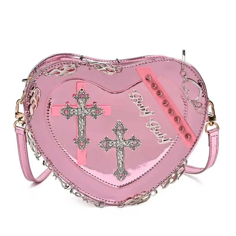 Heart-Shaped Metal Gothic Punk Shoulder Decoration Leather Crossbody Bag