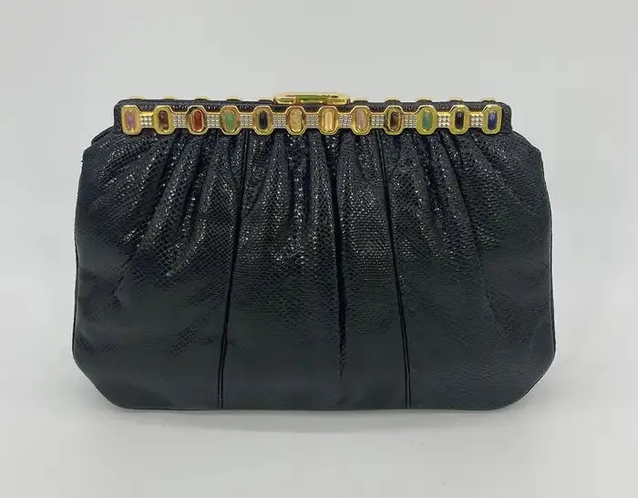 Judith Leiber Black Lizard Multi Color Gemstone Top Clutch