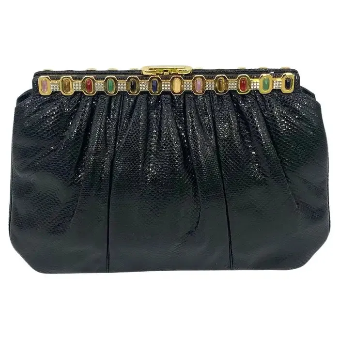 Judith Leiber Black Lizard Multi Color Gemstone Top Clutch