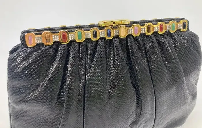 Judith Leiber Black Lizard Multi Color Gemstone Top Clutch