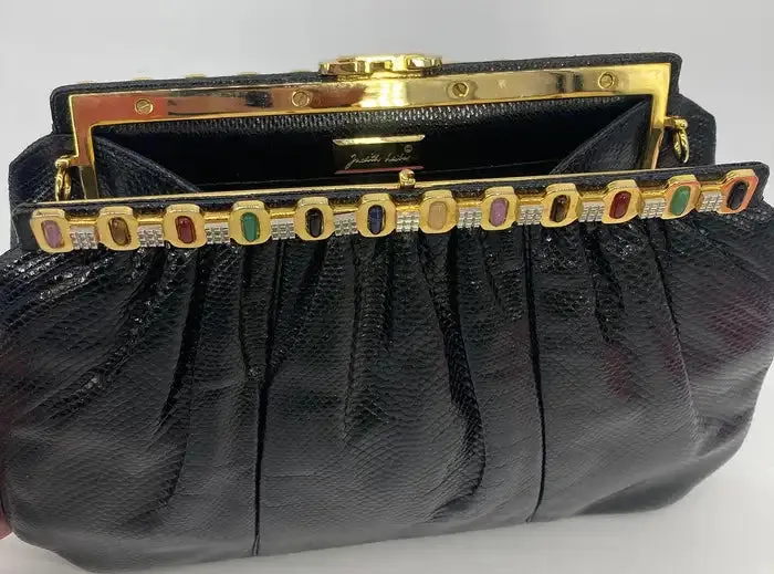 Judith Leiber Black Lizard Multi Color Gemstone Top Clutch