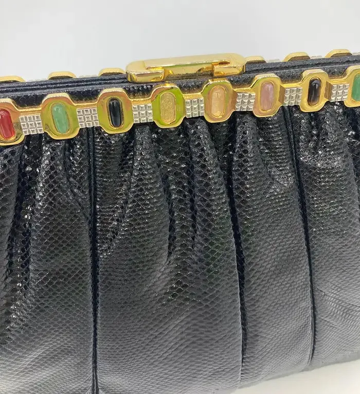 Judith Leiber Black Lizard Multi Color Gemstone Top Clutch