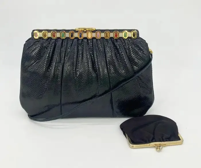 Judith Leiber Black Lizard Multi Color Gemstone Top Clutch