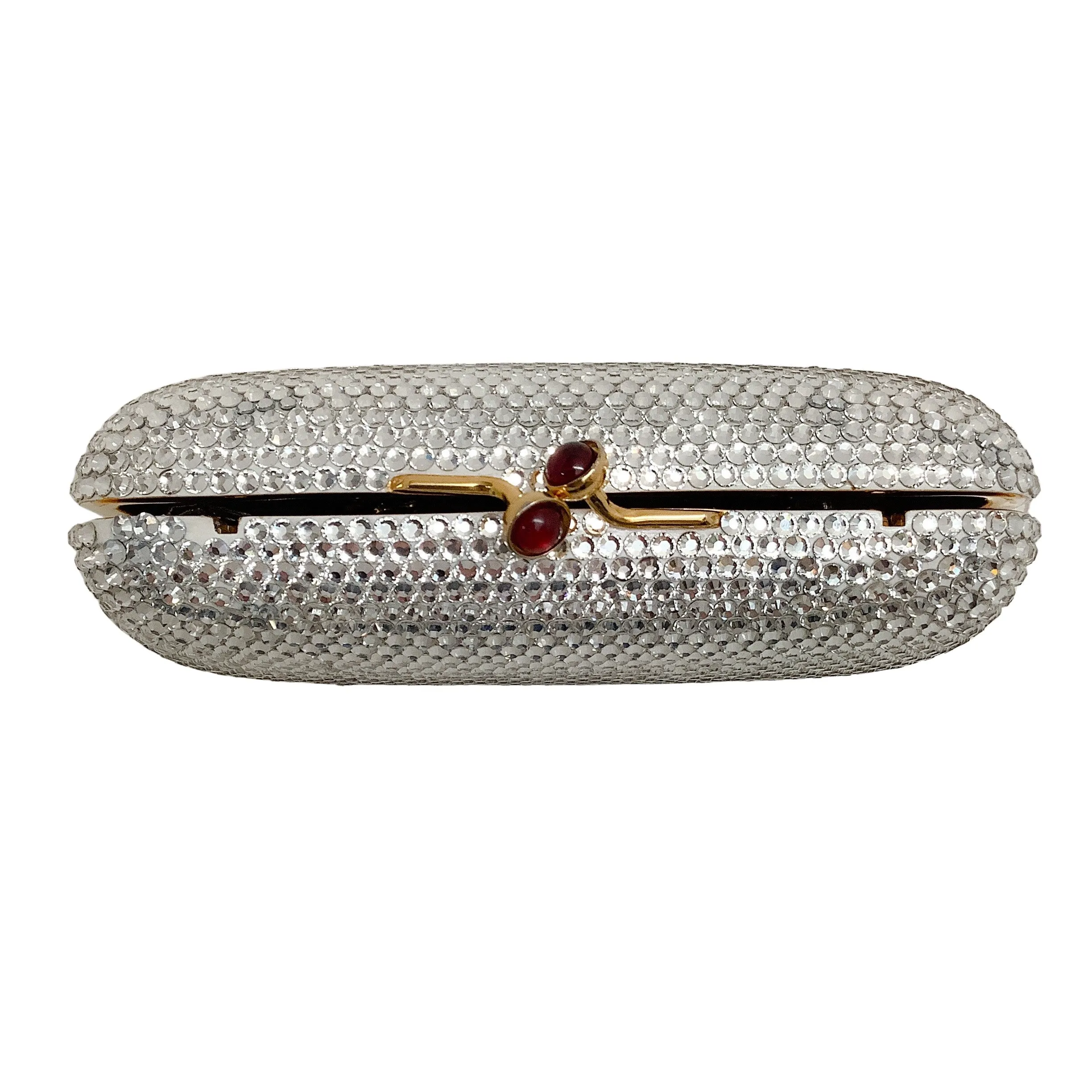 Judith Leiber Small Silver Crystal Embellished Minaudière Clutch