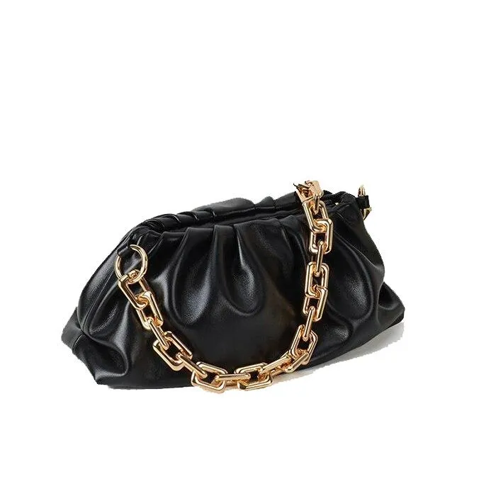 Luxury Fashionable Female Soft Leather Pleated Shoulder Bag With Thick Metal Chain