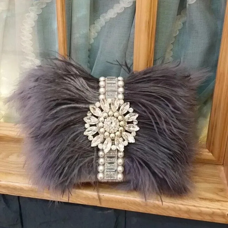 Luxury Stylish Women's Ostrich Feathers Handbag With Rhinestones