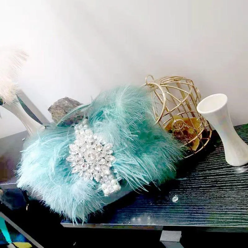 Luxury Stylish Women's Ostrich Feathers Handbag With Rhinestones