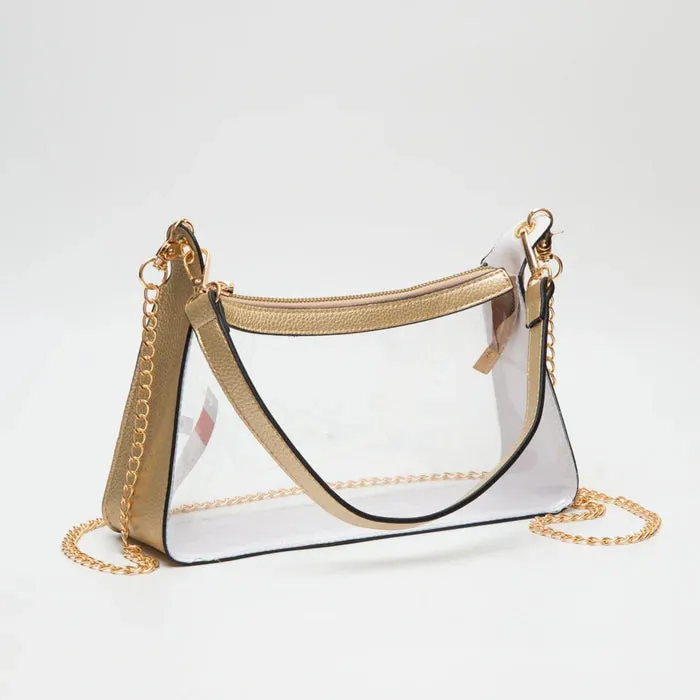 Marilyn Clear Satchel Bag With Chain Strap, Gold