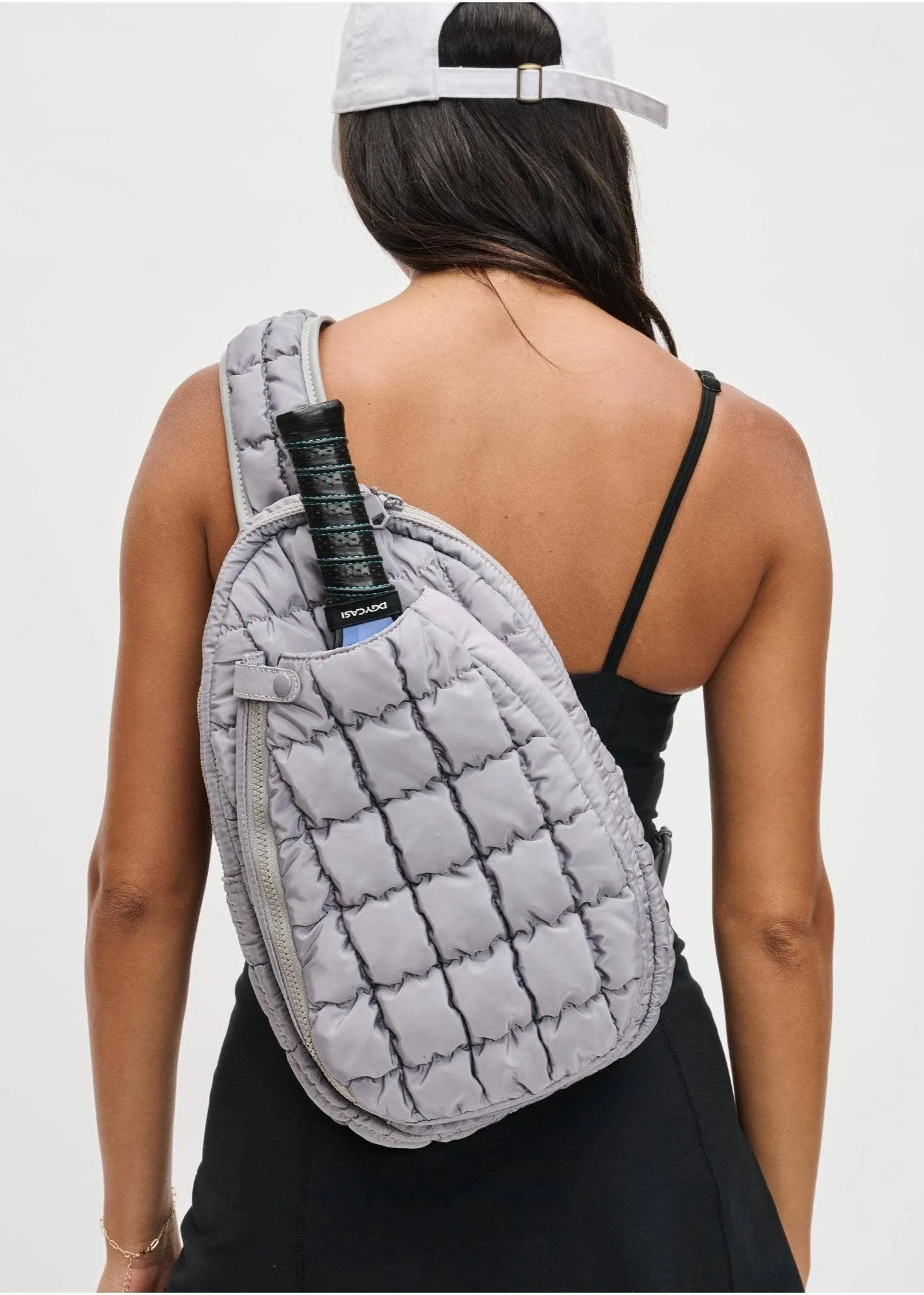 Match Point Quilted Puffer Nylon Pickleball Sling Backpack in Grey