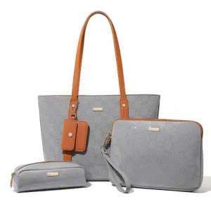 Miss Lulu 4 Pieces Glossy Leather Tote Bag Set - Grey And Brown | Stylish & Functional