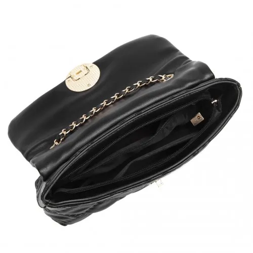 Miss Lulu Smooth Flap Chain Shoulder Bag - Black | Elegant PU Leather Crossbody Bag