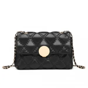 Miss Lulu Smooth Flap Chain Shoulder Bag - Black | Elegant PU Leather Crossbody Bag