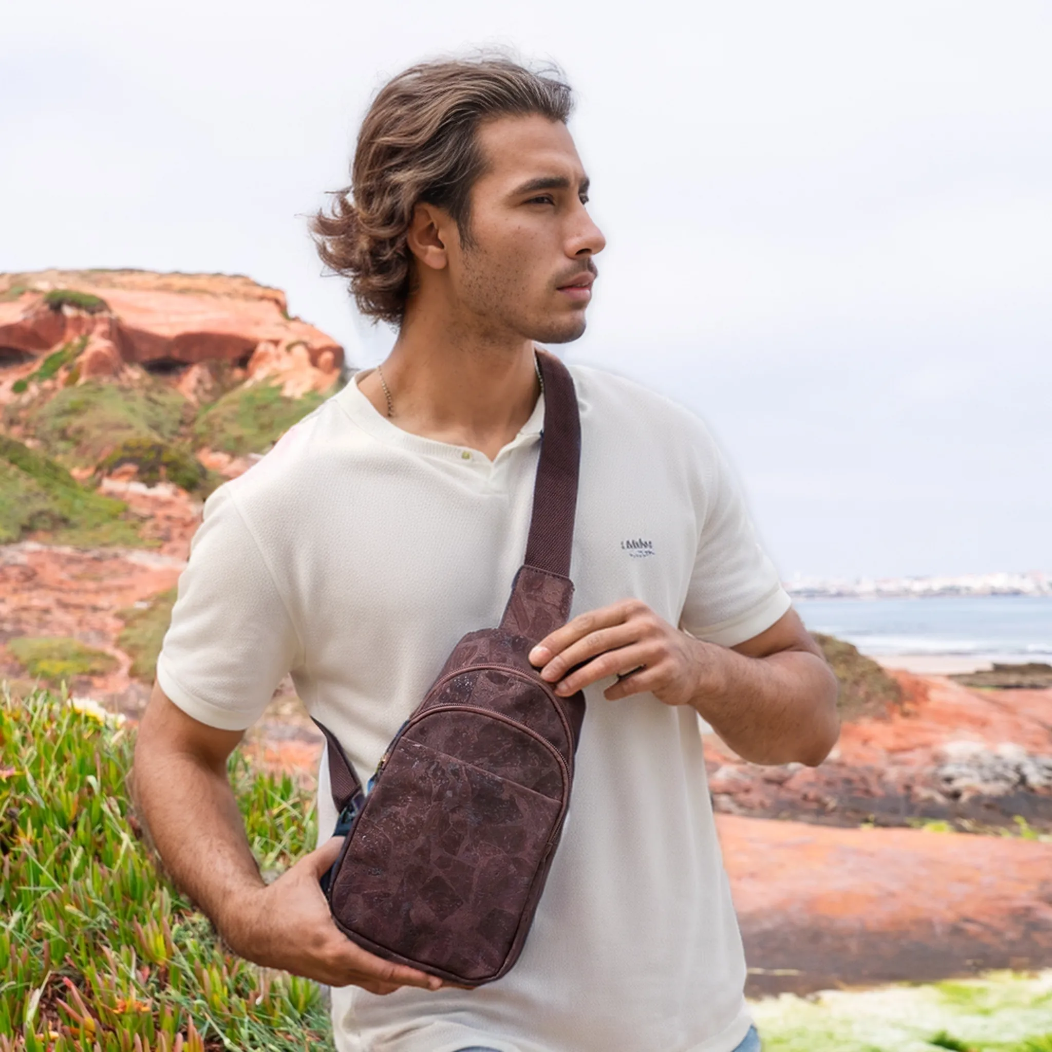 Natural Cork Brown and Black Men's Sling Bag: Stylish BAG-2273