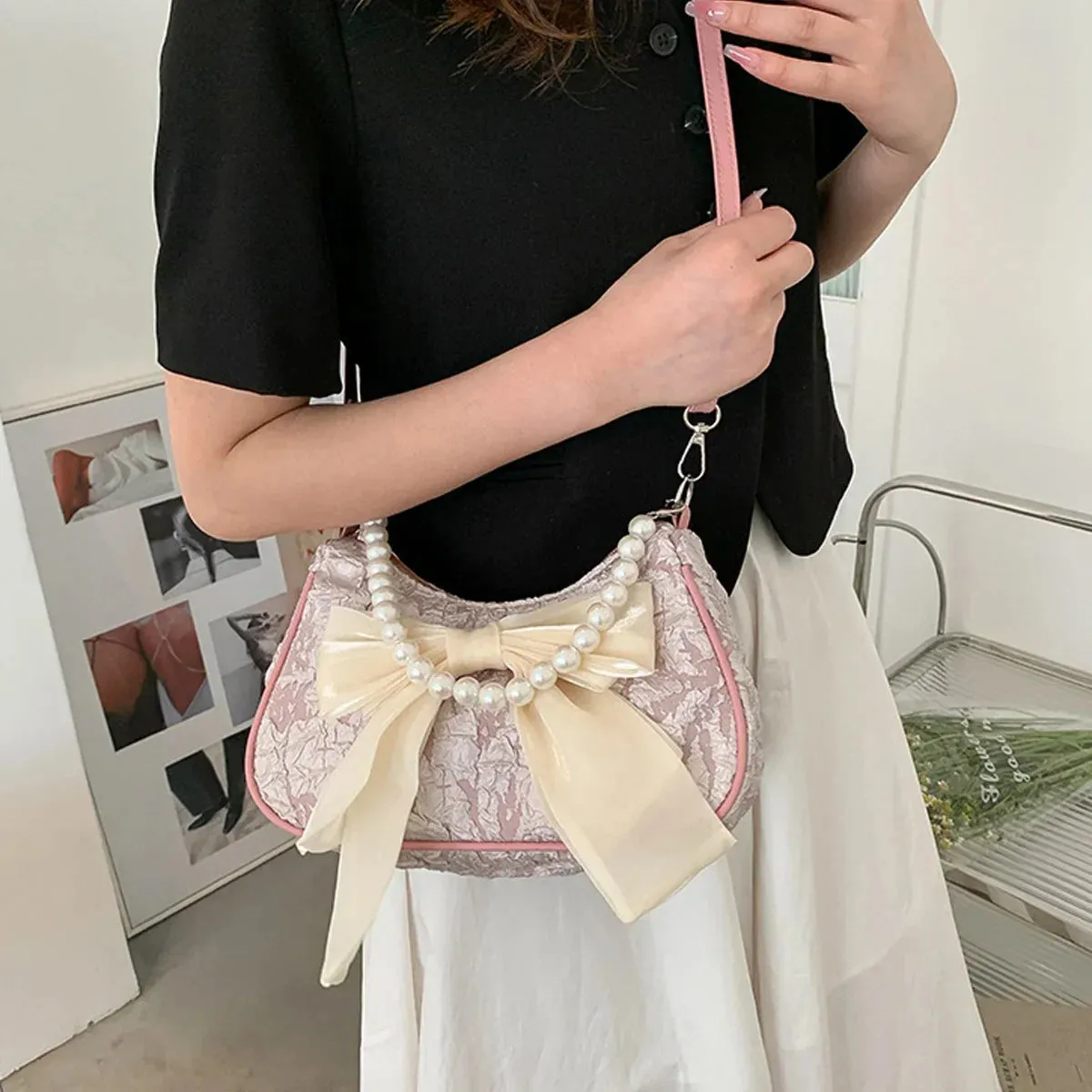 Sohiwoo Simple Cross Body Bag Messenger Handbag Bowknot Women Leather Pearl Shoulder PU Trendy Summer Bag