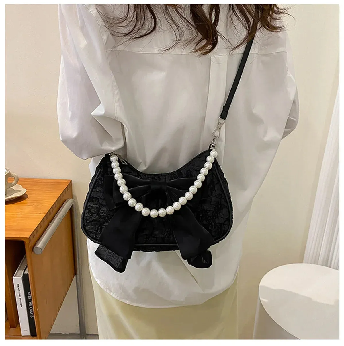 Sohiwoo Simple Cross Body Bag Messenger Handbag Bowknot Women Leather Pearl Shoulder PU Trendy Summer Bag