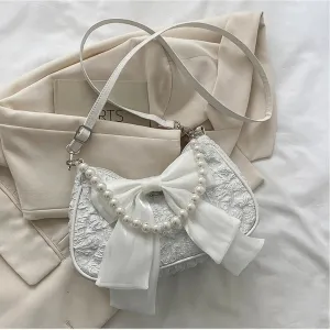 Sohiwoo Simple Cross Body Bag Messenger Handbag Bowknot Women Leather Pearl Shoulder PU Trendy Summer Bag