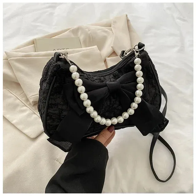 Sohiwoo Simple Cross Body Bag Messenger Handbag Bowknot Women Leather Pearl Shoulder PU Trendy Summer Bag