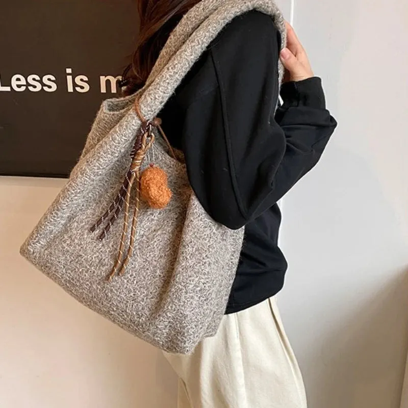 Sohiwoo Solid Color Woolen Buckle Winter Shoulder Bag 2024 Hot Selling Simple Fashion Autumn Handbag Soft Versatile Trendy Tote Bag