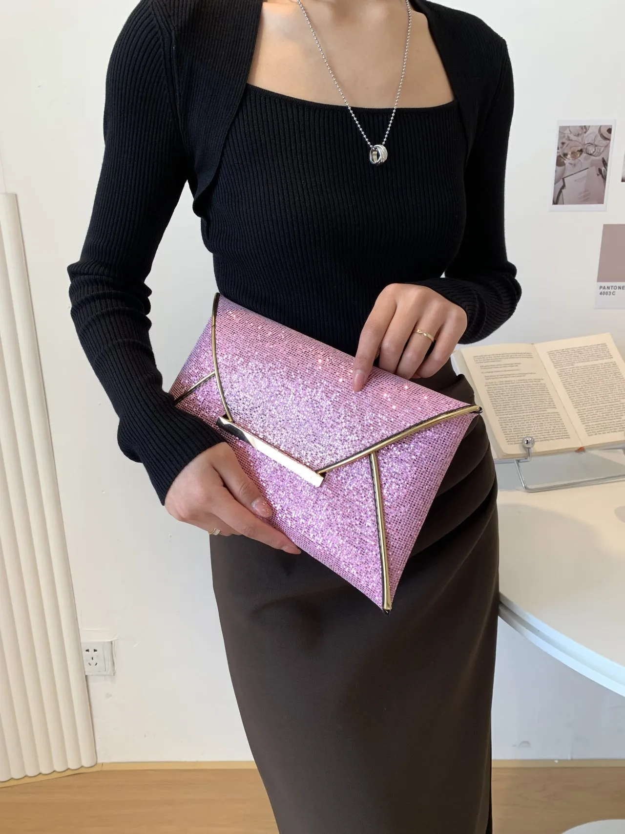 Sohiwoo Stylish Glitter Clutch Wallet Flap Coin Purse Lightweight Portable Evening Bag For Party