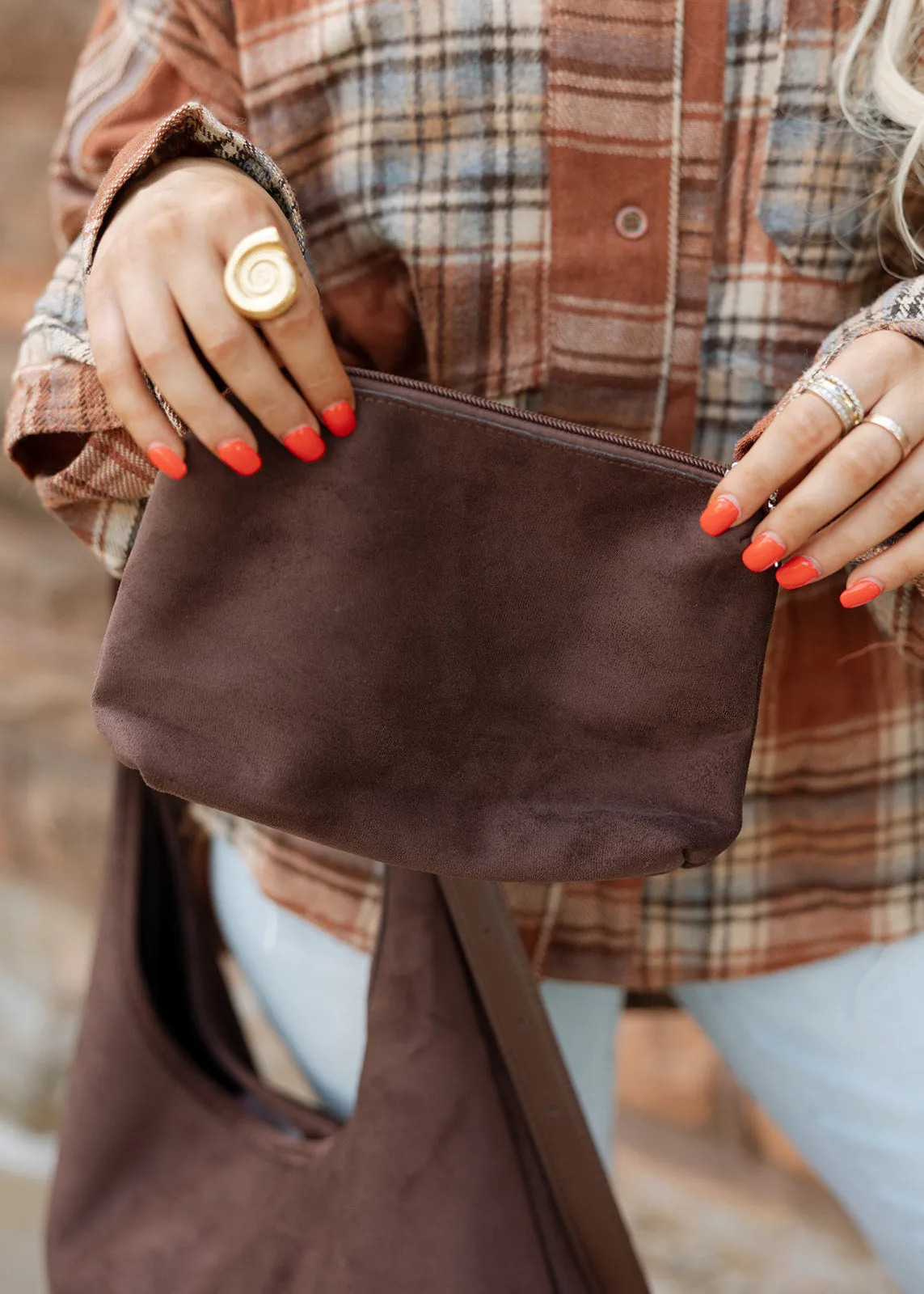 Uptown Chic Simple Faux Suede Tote - Coffee