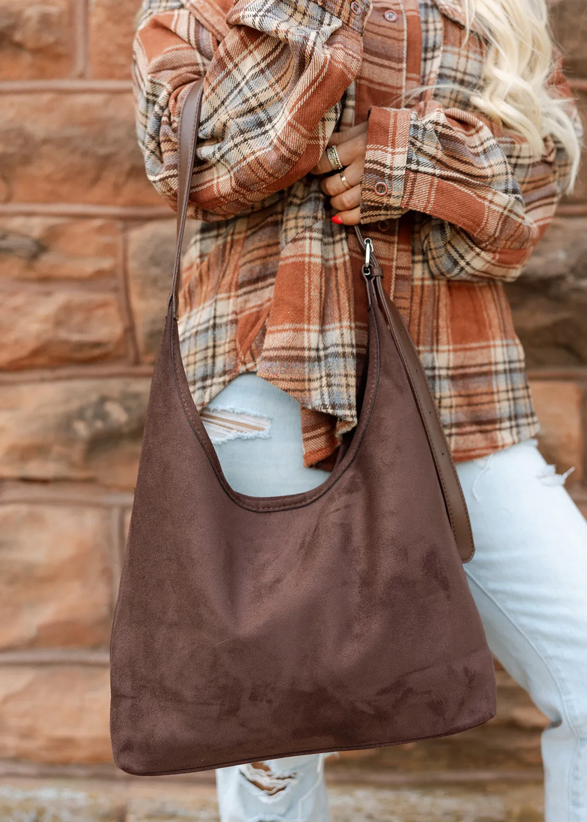 Uptown Chic Simple Faux Suede Tote - Coffee