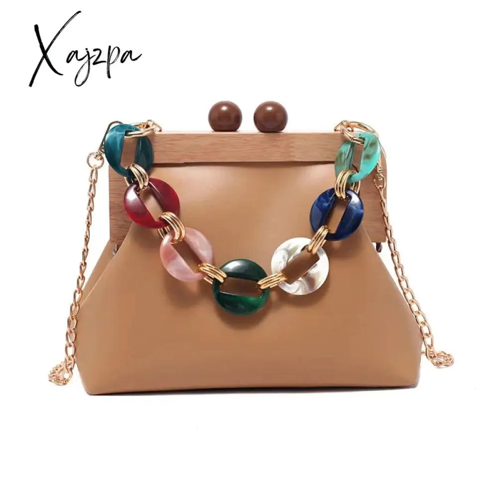 Xajzpa - Women Trendy Shoulder Bags Luxury PU Handbag Vintage Clip Clutch Bag Purses Mini Acrylic Chain Crossbody Totes Ladies Hand Bag