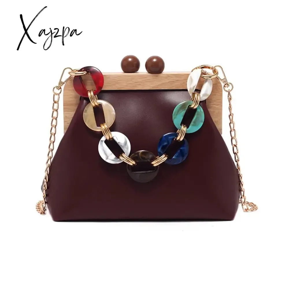 Xajzpa - Women Trendy Shoulder Bags Luxury PU Handbag Vintage Clip Clutch Bag Purses Mini Acrylic Chain Crossbody Totes Ladies Hand Bag