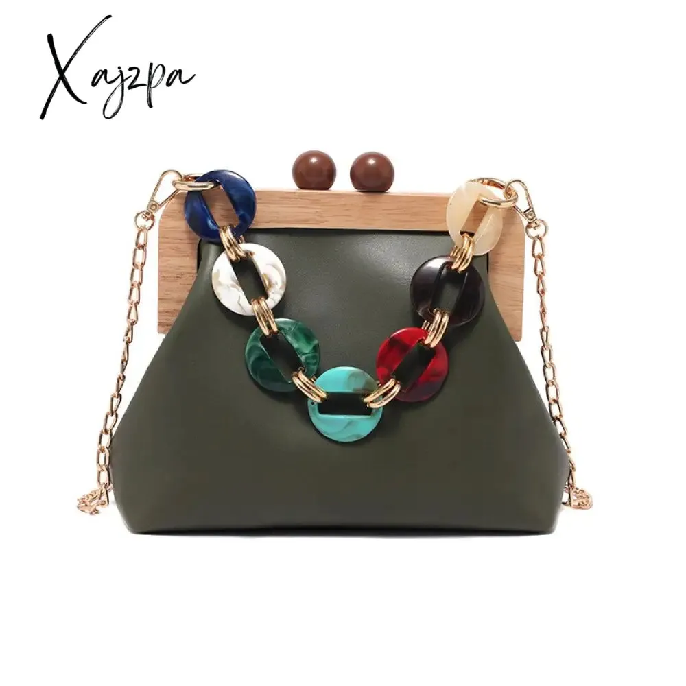 Xajzpa - Women Trendy Shoulder Bags Luxury PU Handbag Vintage Clip Clutch Bag Purses Mini Acrylic Chain Crossbody Totes Ladies Hand Bag